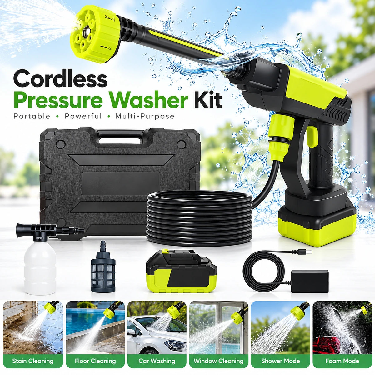 Portable Cordless High Pressure Washer Gun  Rechargeable Car & Home Cleaning Machine