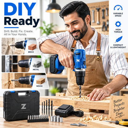 Powerful Cordless Electric Drill Machine Set with Bits & Storage Case
