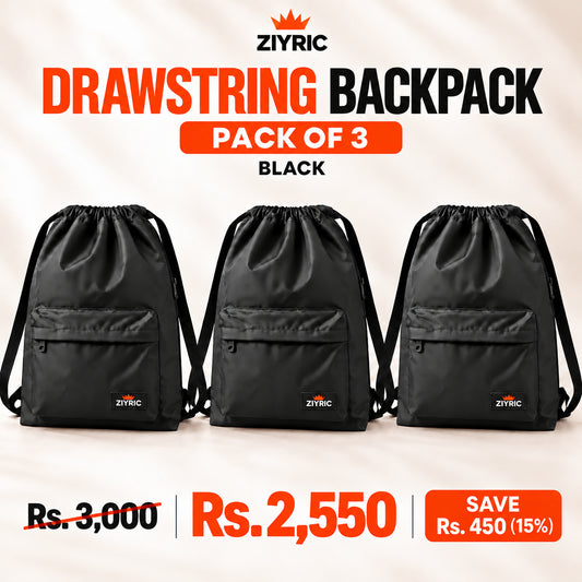 ZIYRIC Drawstring Backpack — Pack of 3 | Black