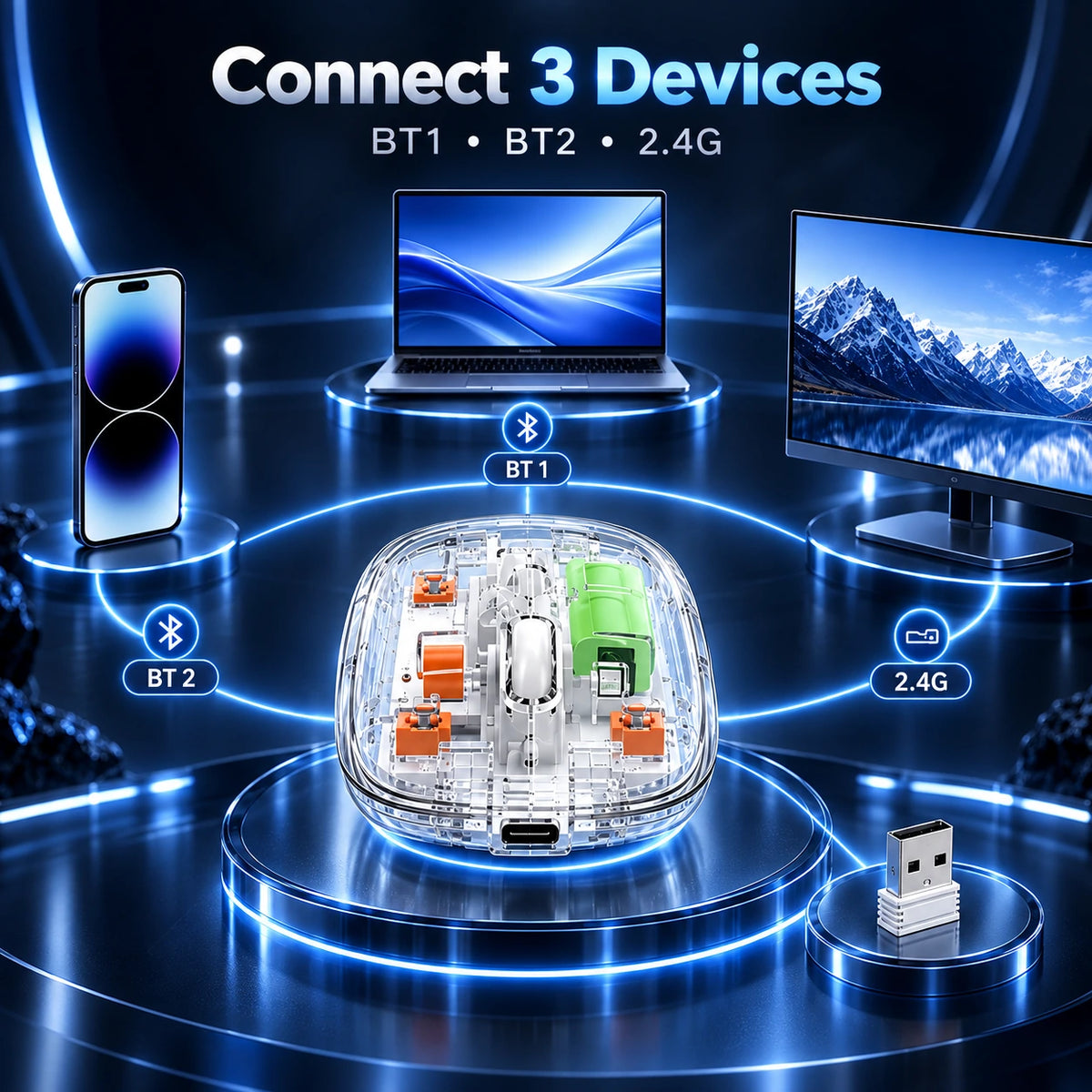 TRANSPARENT WIRELESS+BLUETOOTH DUAL-MODE RECHARGEABLE MOUSE