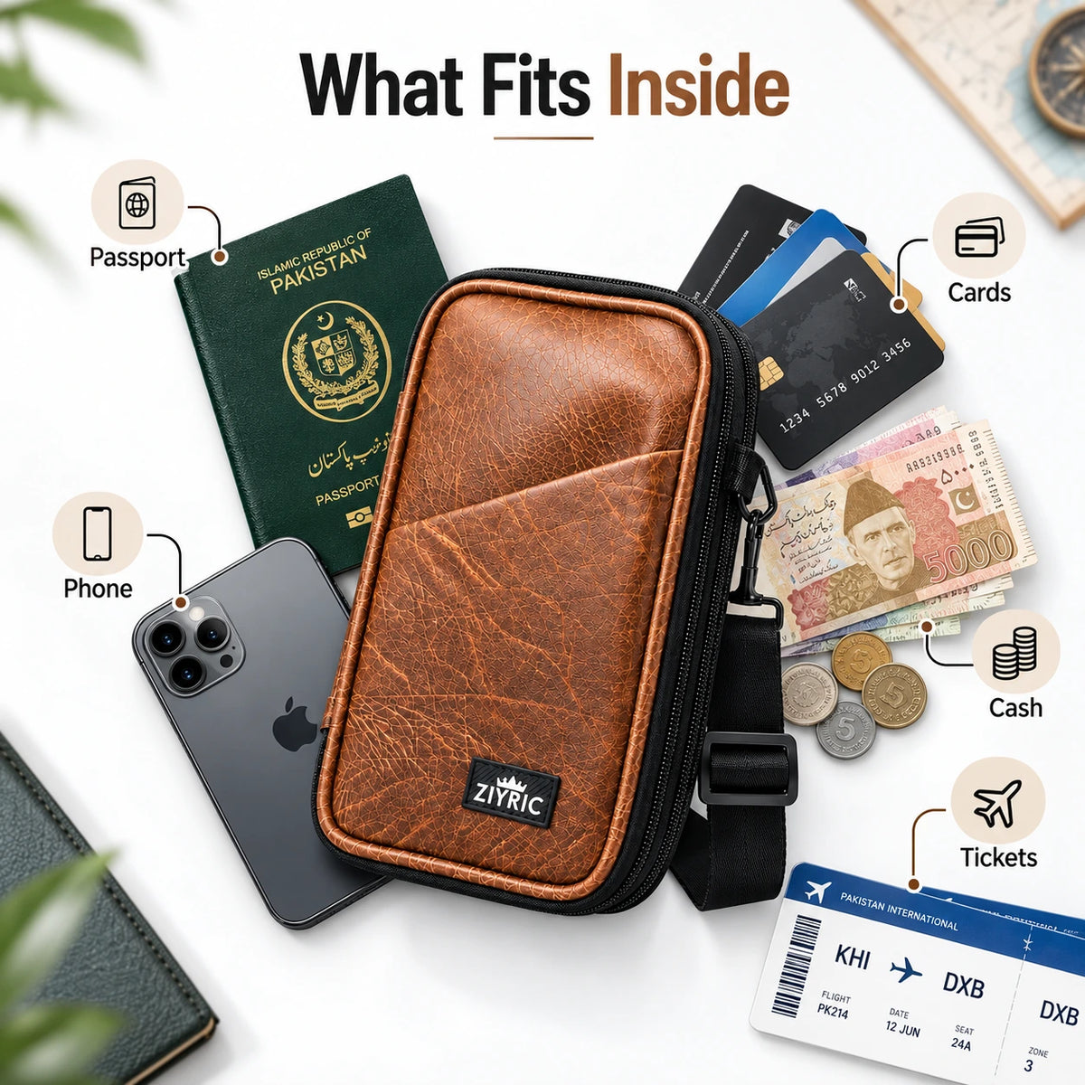 Ziyric Travel Mate Passport Pouch Bag Genuine Leather