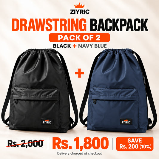 ZIYRIC Drawstring Backpack — Pack of 2 | Black + Navy Blue