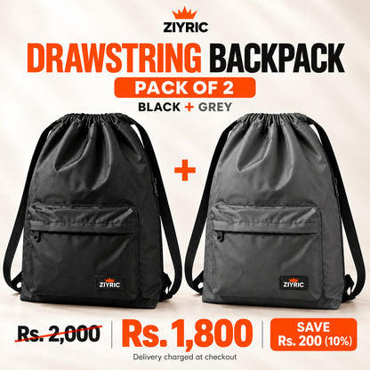ZIYRIC Drawstring Backpack — Pack of 2 | Black + Grey