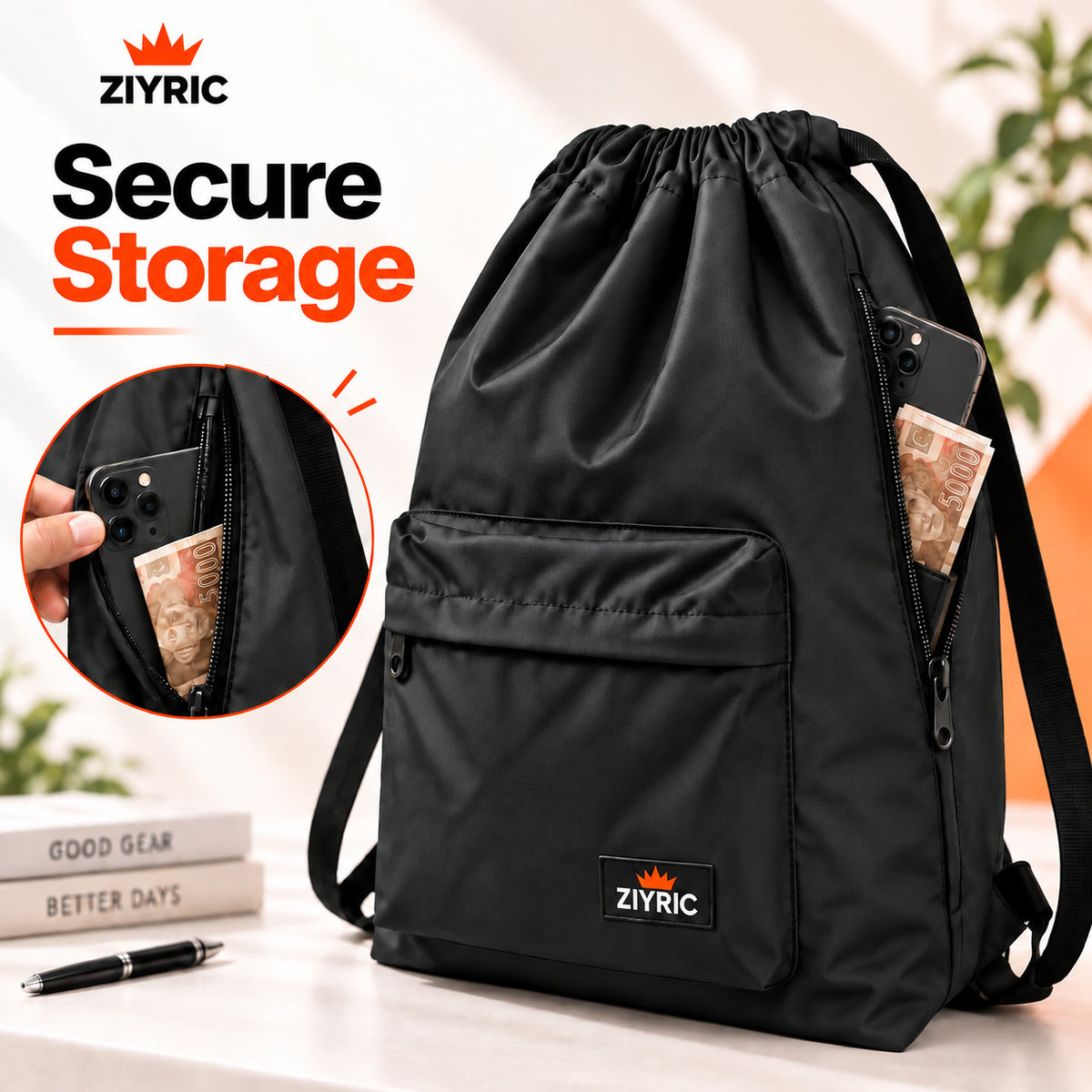 ZIYRIC Drawstring Backpack — Pack of 2 | Black + Grey