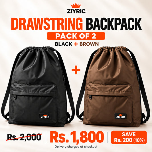ZIYRIC Drawstring Backpack — Pack of 2 | Black + Brown