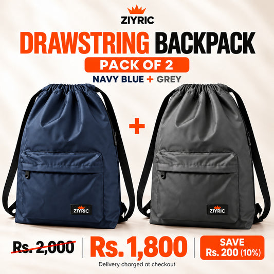 ZIYRIC Drawstring Backpack — Pack of 2 | Navy Blue + Grey