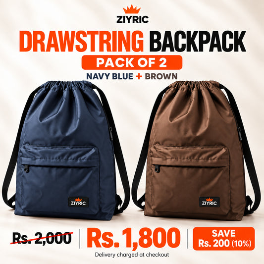 ZIYRIC Drawstring Backpack — Pack of 2 | Navy Blue + Brown