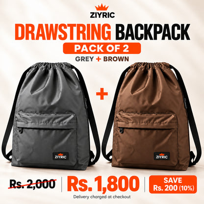 ZIYRIC Drawstring Backpack — Pack of 2 | Grey + Brown
