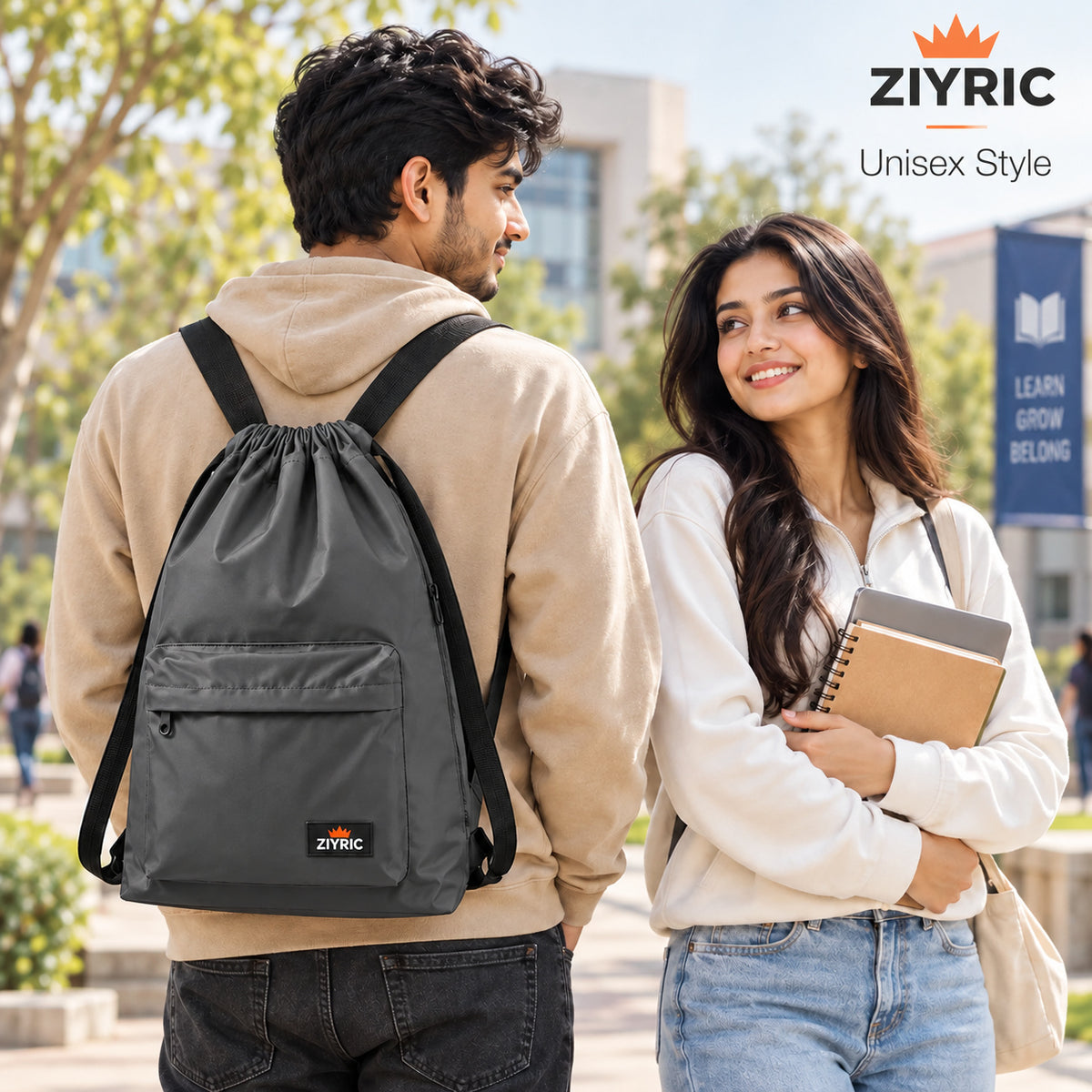ZIYRIC Drawstring Backpack — Pack of 2 | Grey + Brown