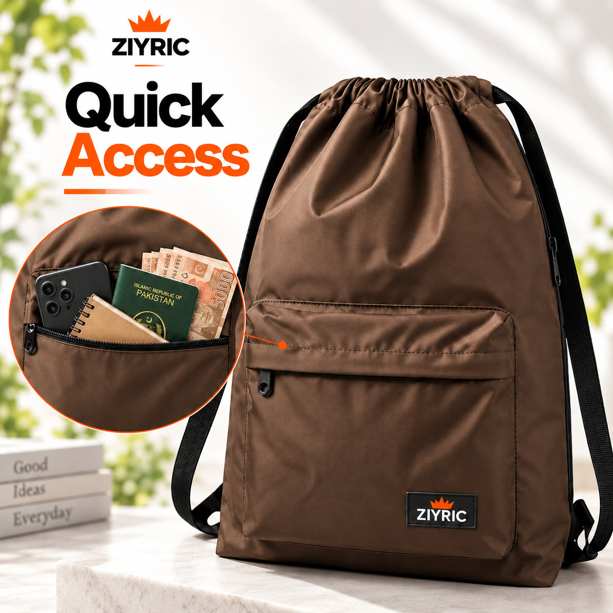 ZIYRIC Drawstring Backpack — Pack of 2 | Grey + Brown