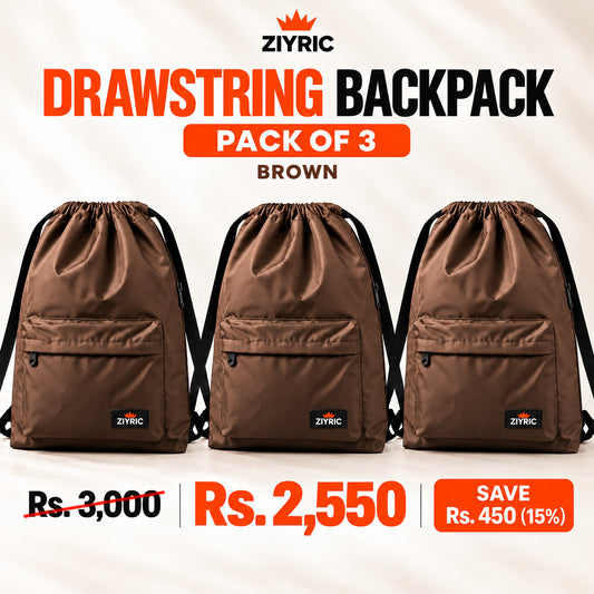 ZIYRIC Drawstring Backpack — Pack of 3 | Brown
