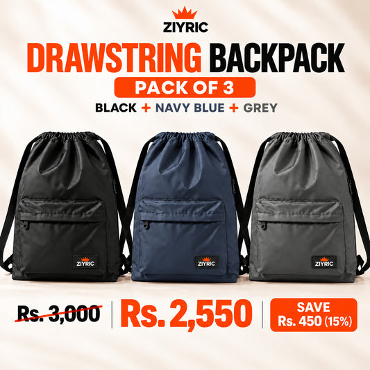 ZIYRIC Drawstring Backpack — Pack of 3 | Black + Navy Blue + Grey