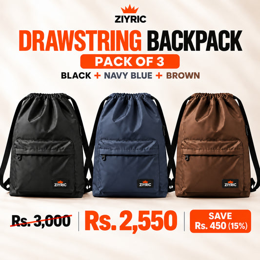 ZIYRIC Drawstring Backpack — Pack of 3 | Black + Navy Blue + Brown