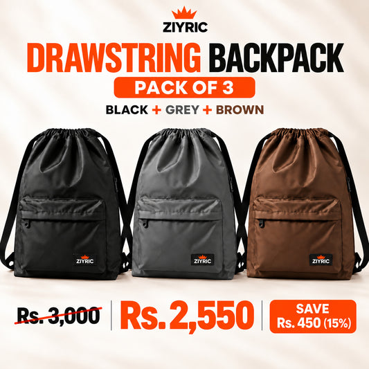 ZIYRIC Drawstring Backpack — Pack of 3 | Black + Grey + Brown