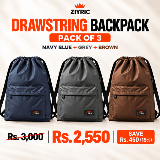 ZIYRIC Drawstring Backpack — Pack of 3 | Navy Blue + Grey + Brown