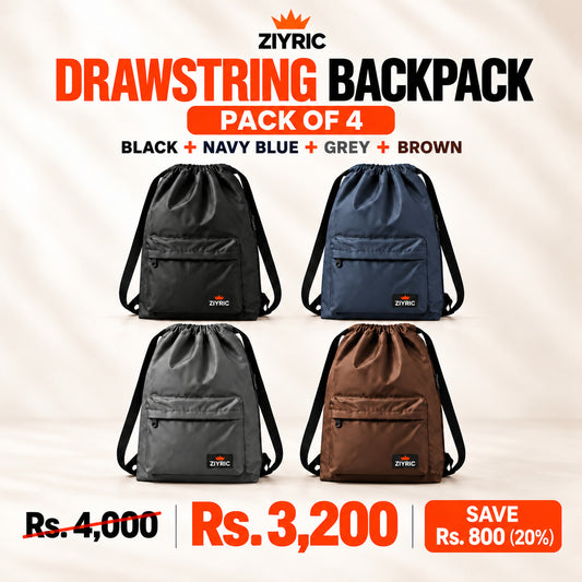 ZIYRIC Drawstring Backpack — Pack of 4 | Black + Navy Blue + Grey + Brown