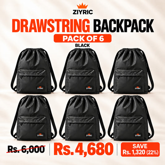 ZIYRIC Drawstring Backpack — Pack of 6 | Black