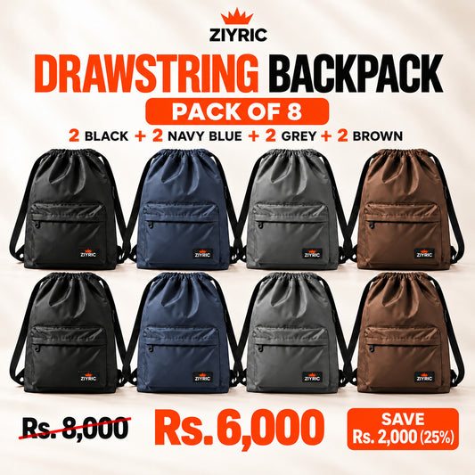ZIYRIC Drawstring Backpack — Pack of 8 | 2 Black + 2 Navy Blue + 2 Grey + 2 Brown