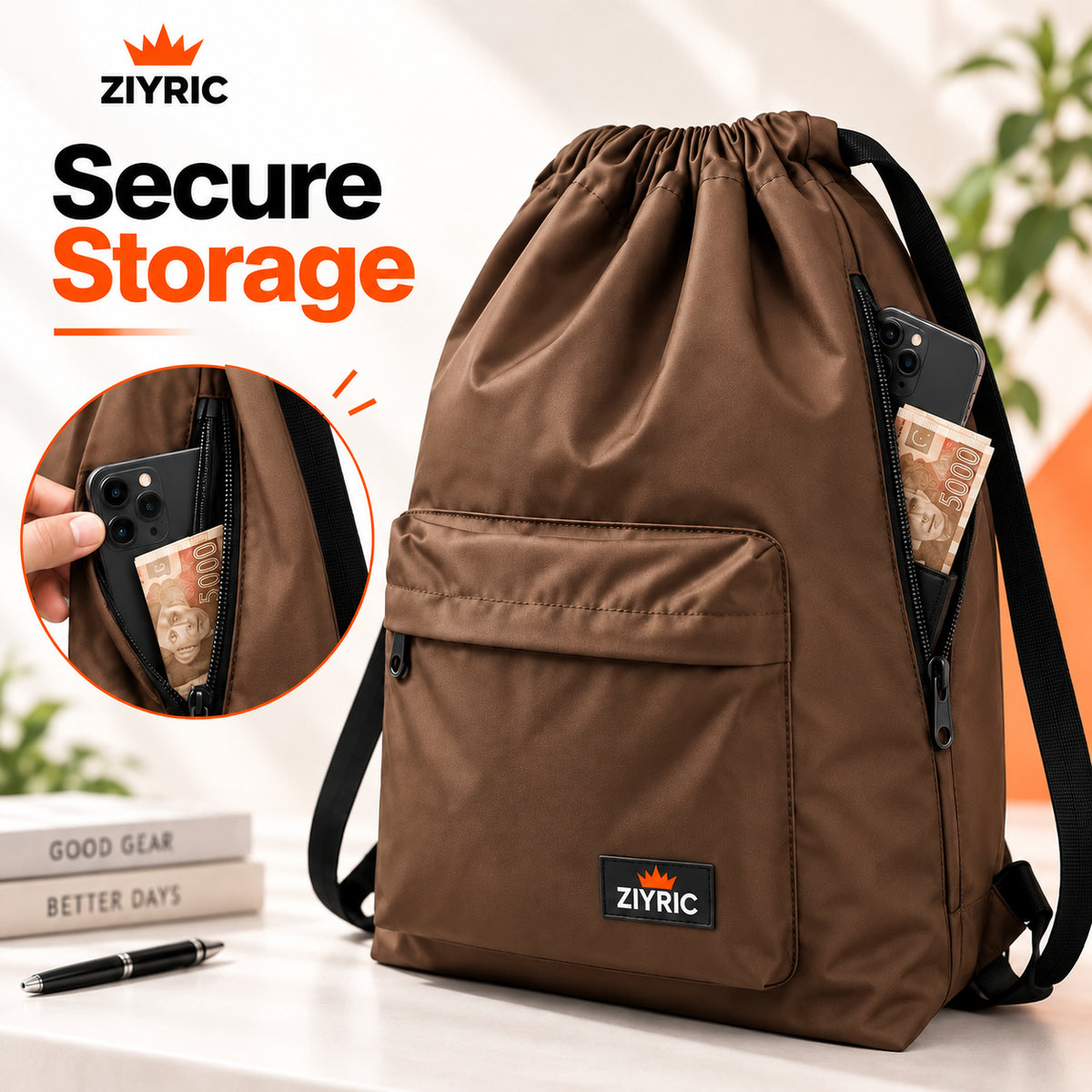 ZIYRIC Unisex Drawstring Backpack – Brown