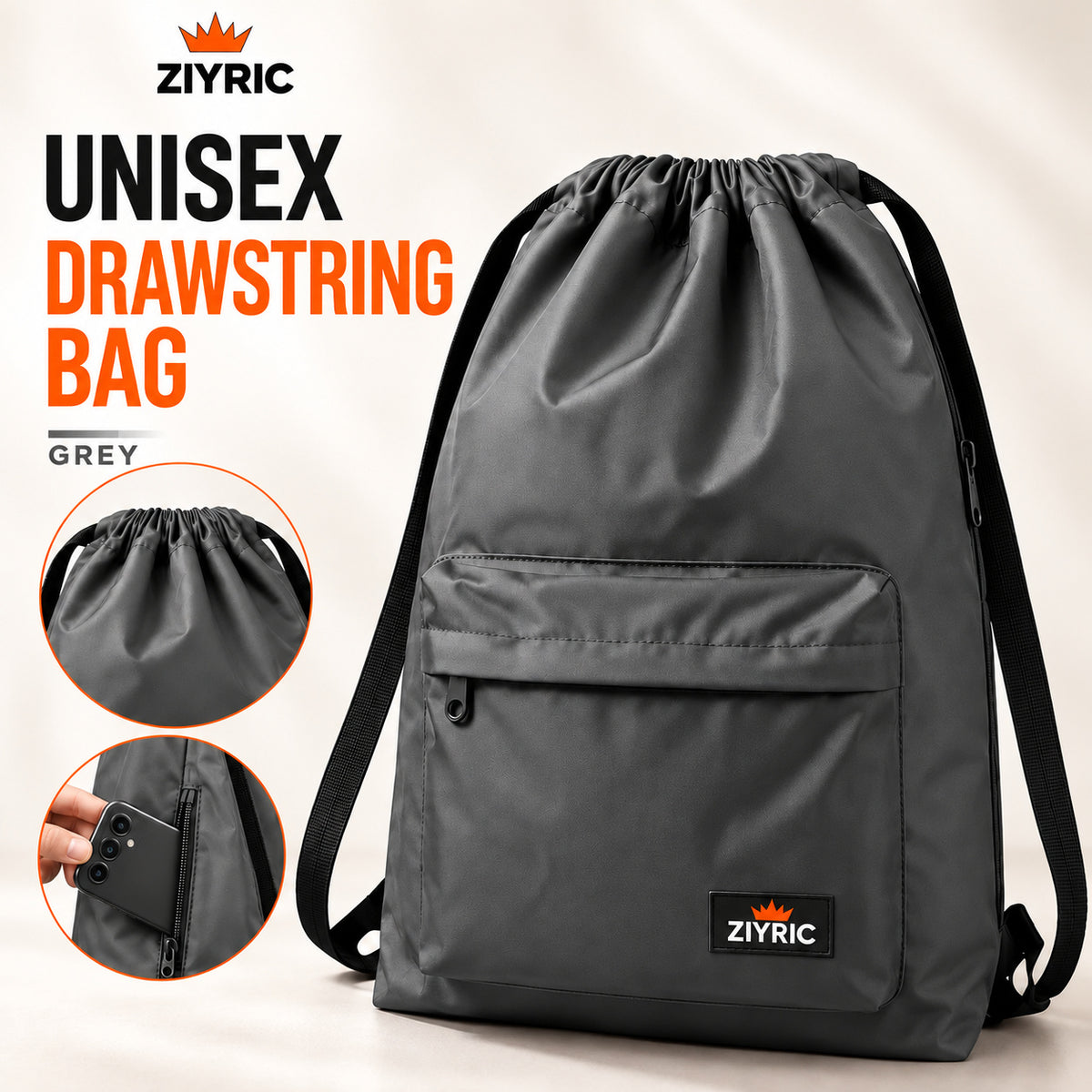 ZIYRIC Unisex Drawstring Backpack – Grey