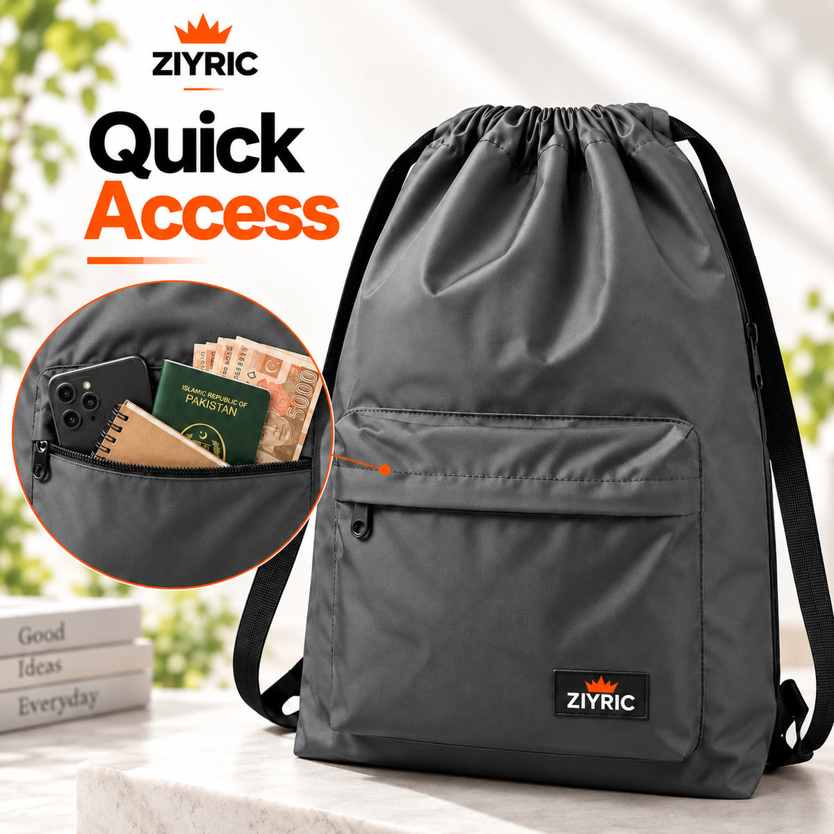 ZIYRIC Unisex Drawstring Backpack – Grey