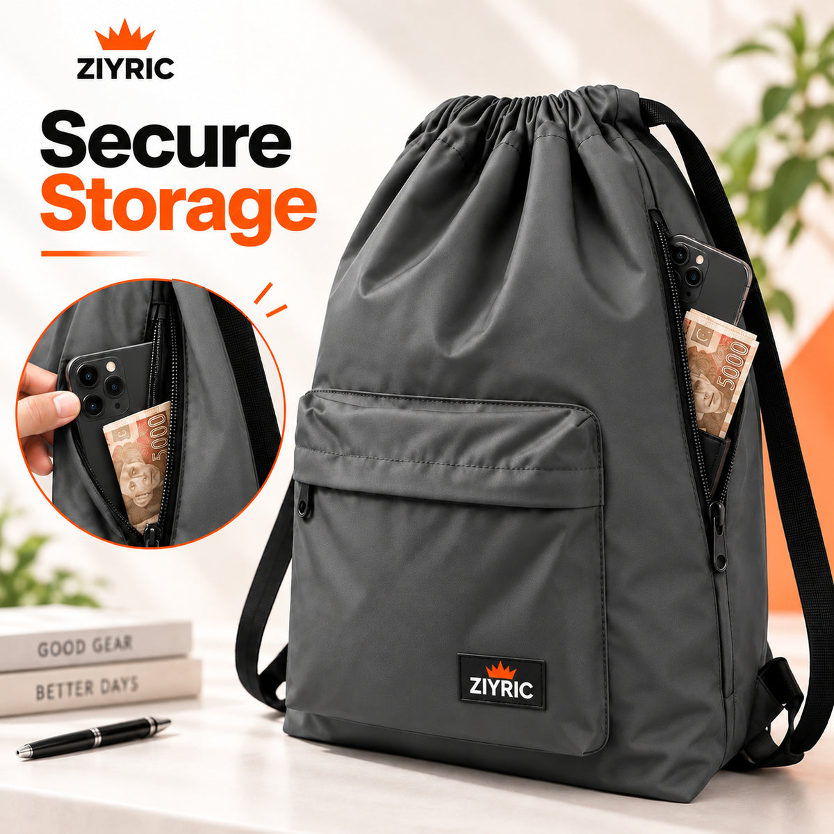 ZIYRIC Unisex Drawstring Backpack – Grey